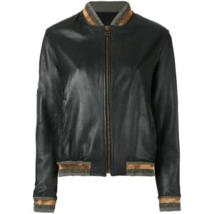 Contrast Black and Golden Leather Bomber Jacket