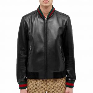 Contrast Black and Green Leather Bomber Jacket