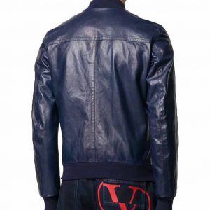 Dolce Navy Blue Leather Bomber Jacket
