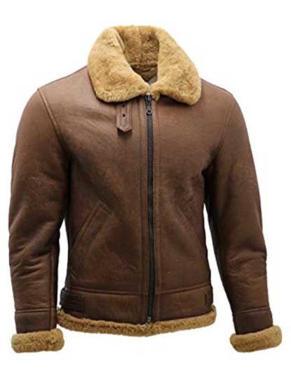 Randy Brown B-3 Bomber Aviator Leather Jacket with Faux Fur