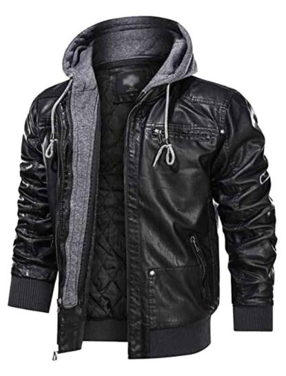 Rommy Black Hooded Leather Bomber Jacket