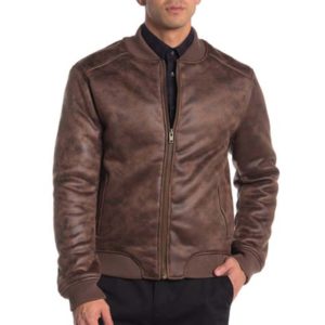 Stone Brown Leather Bomber Jacket