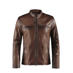 Basic Brown Moto Cafe Racer Biker Leather Jacket