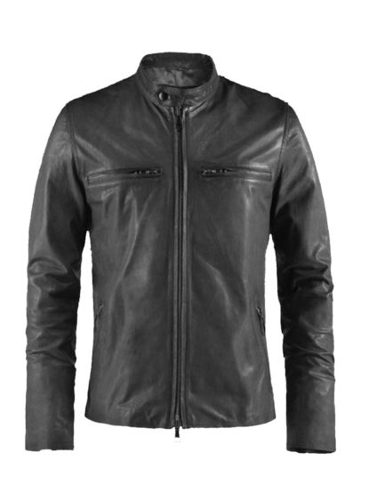 Basic Distressed Black Moto Cafe Racer Biker Leather Jacket