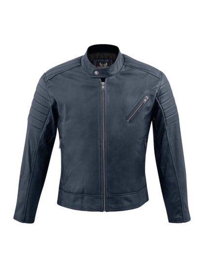 Dane Blue Moto Cafe Racer Biker Leather Jacket