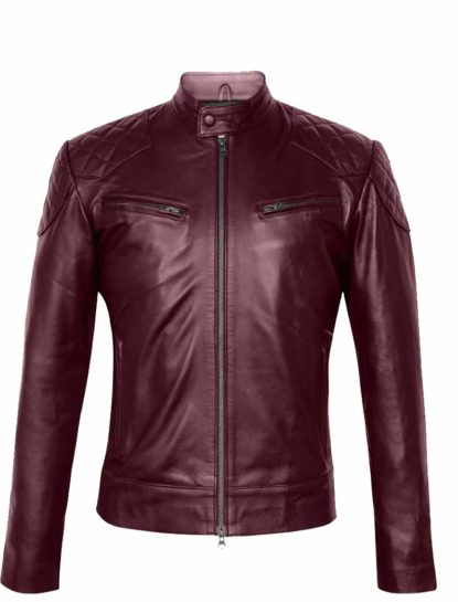 Jon Maroon Quilted Moto Cafe Racer Biker Leather Jacket