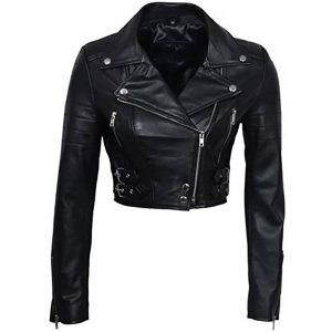 Amelia Black Cropped Biker Leather Jacket