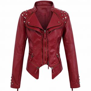 Camila Red Studded Biker Leather Jacket
