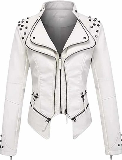Camila White Studded Biker Leather Jacket