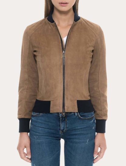 Elizabeth Suede Brown Leather Bomber Jacket