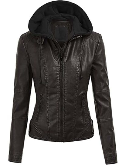 Evelyn Black Detachable Hooded Leather Jacket