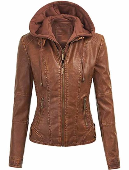 Evelyn Brown Detachable Hooded Leather Jacket