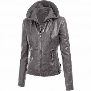 Evelyn Grey Detachable Hooded Leather Jacket