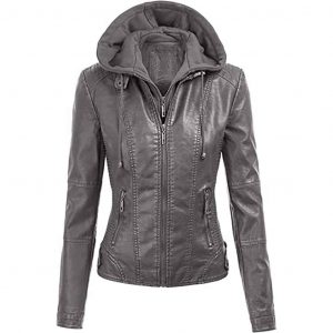 Evelyn Grey Detachable Hooded Leather Jacket