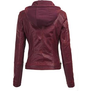 Evelyn Maroon Detachable Hooded Leather Jacket