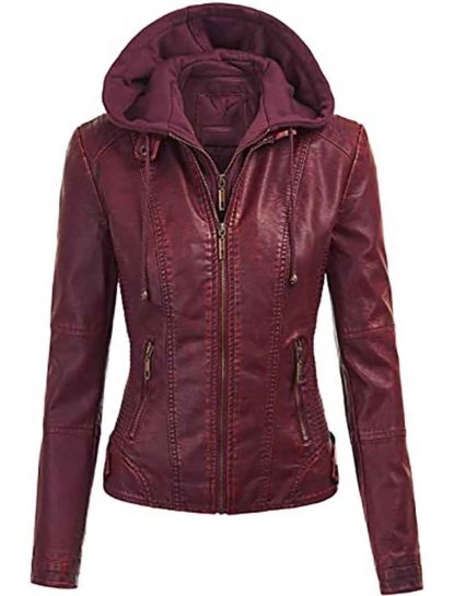 Evelyn Maroon Detachable Hooded Leather Jacket