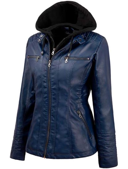 Jane Blue Hooded Leather Jacket