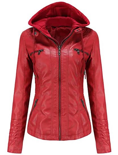 Jane Red Hooded Leather Jacket