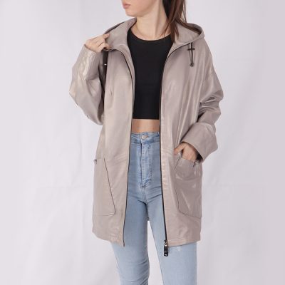 Caroline Grey Leather Hooded Coat