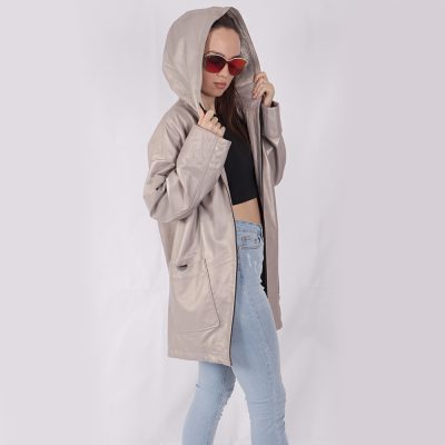 Caroline Grey Leather Hooded Coat