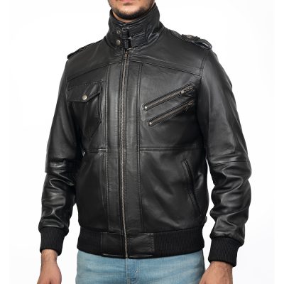 Christian Black Leather Bomber Jacket