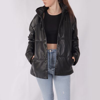 Daisy Black Leather Puffer Jacket