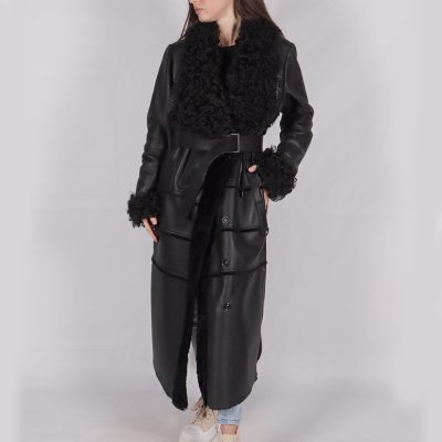 Elaine Black Leather Fur Coat