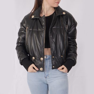 Emilia Black Leather Puffer Jacket