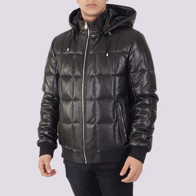 Ethan Black Leather Puffer Hooded Jacket