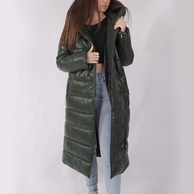 Evelynn Green Leather Puffer Coat