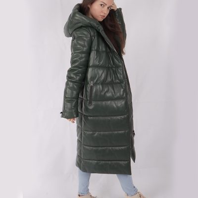 Evelynn Green Leather Puffer Coat