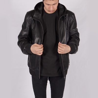 Graham Black Leather Hooded Jacket