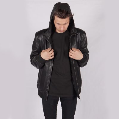 Graham Black Leather Hooded Jacket