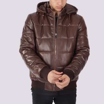 Grayson Brown Leather Puffer Hooded Jacket