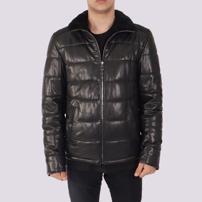 Henry Black Leather Puffer Jacket