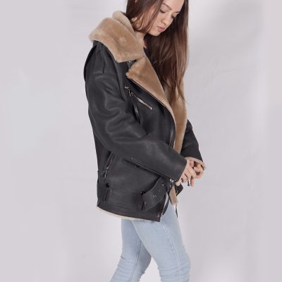 Maddie Black Leather Aviator Jacket