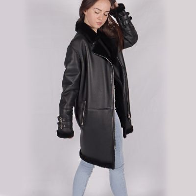 Nyra Black Leather Shearling Coat