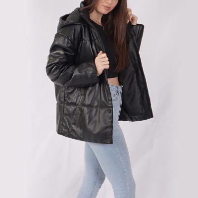 Sofia Black Leather Puffer Jacket