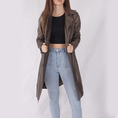 Violet Brown Double Breasted Leather Coat