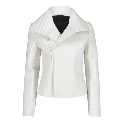 Eiza White Leather Biker Jacket