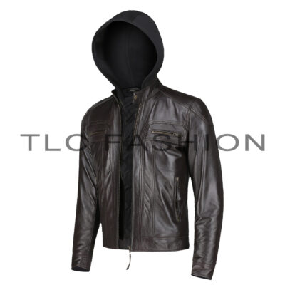 Lawrence Dark Brown Leather Hooded Biker Jacket