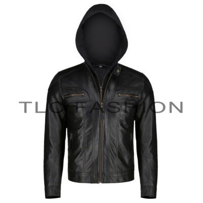 Rocky Black Leather Hooded Biker Jacket