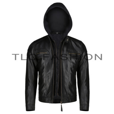 Rocky Black Leather Hooded Biker Jacket