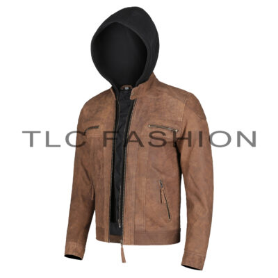 Adrien Brown Leather Hooded Biker Jacket